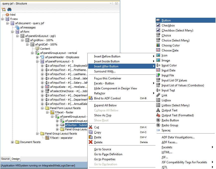 Structure window showing context menu with Insert after af:commandButton - Submit > Button menu selected.
