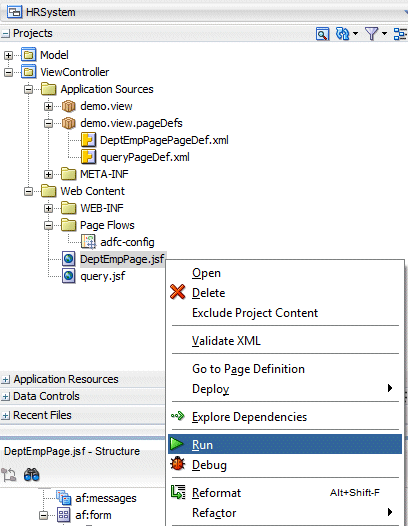 App navigator withDeptEmpPage selected and Run selected in context menu.