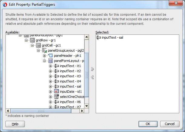 Edit Property: Partial Triggers dialog - inputText -sal selected and cursor over arrow pointing to the right.
