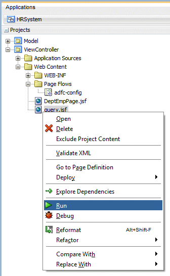 App Navigator with query page selected and Run higlighted in context menu.