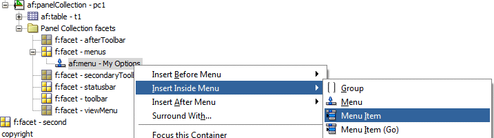Structure window with menu selected and Insert Inside af:menu My Options >Menu item selected in context menu.