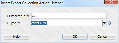 Insert Export Collection Action Listener dialog with excelHTML highlighted in Type field, and cursor over OK.