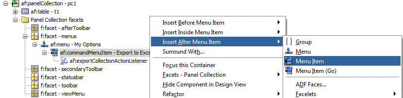 Structure window with menu item selected and Insert after af:commandMenuItem - Export to Excel > Menu Item selected in context.