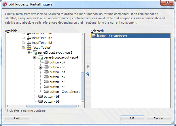Edit Property: PartialTriggers dialog showing CreateInsert command button selected and cursor on arrow to shuttle it over to the Selected pane.