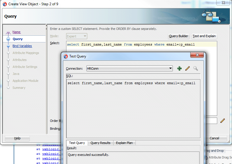 Screenshot of part of Step 2 of wizard showing Select statement and results box from testing the statement. 'Query executed successfully' reported in Result box.
