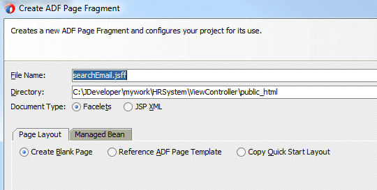 Create ADF Page Fragment dialog with File Name searchEmail.jsff highlighted and cursor over OK button.