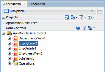 Data Controls accordion with EmpByEmail1 node selected.