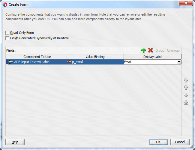 Edit Form Fields dialog with the p_email field selected and Display Label field changed to Email.