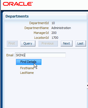 Run time view of the Departments page with SKING in the Email field and cursor over the Find Details button.