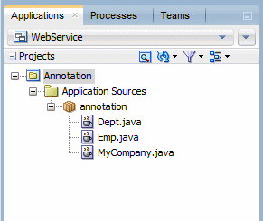 Application Navigator showing Department, Employee, and My Company java classes