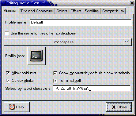 image:Boîte de dialogue Editing profile (Edition du profil) de l'application GNOME Terminal. Cette boîte de dialogue contient six onglets.