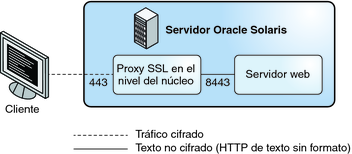 image:El gráfico muestra un cliente web que utiliza el puerto SSL cifrado para comunicarse con el servidor web.