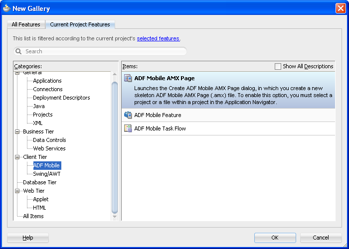 Select to create an AMX page or taskflow.
