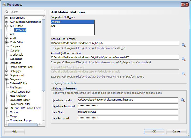 Setting the Android SDK and platform information.