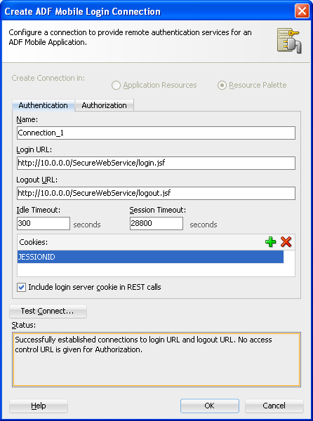 The Create ADF Mobile Login Connection dialog.