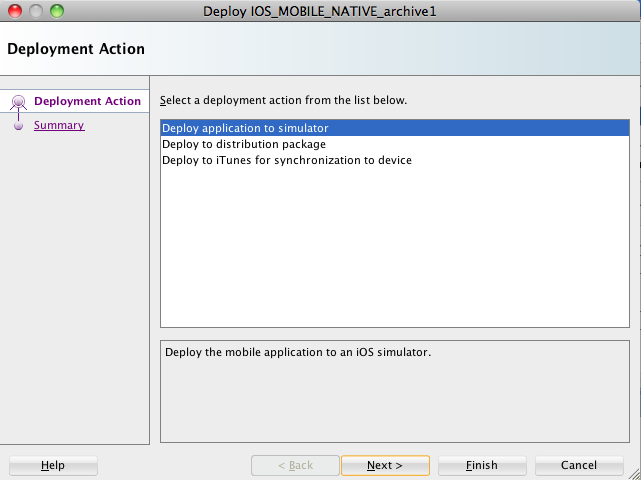 The Deployment Action dialog for iOS applications.