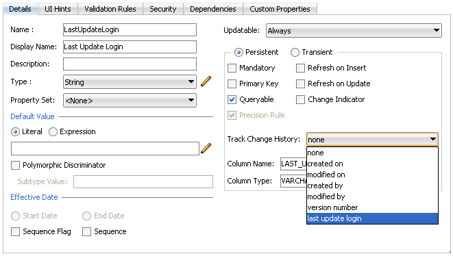 Image of Track Change History types in overview editor