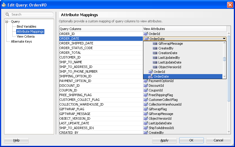 Edit Query dialog displays attribute mapping