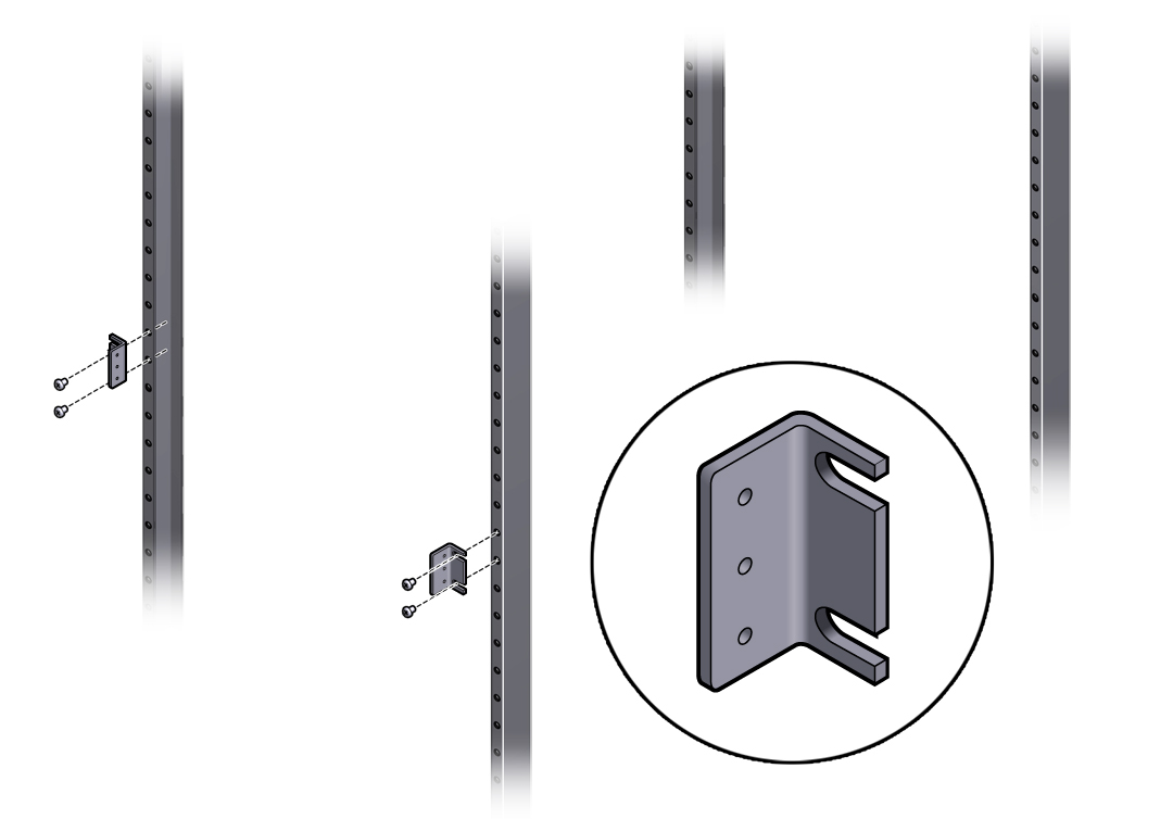 image:Figure shows brackets attach to rear sides of the rear rack posts. The three-hole flanges face the inner edges of the posts.