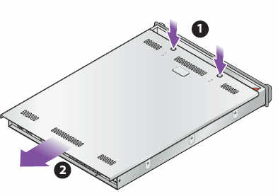 image:Figure shows cover is unlocked by pressing two buttons on the cover. The cover can then slide off to the rear.
