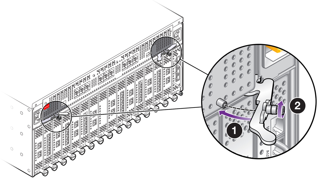 image:Figure shows the board is locked by closing the hinged                                     levers and turning the captive screws clockwise to secure.