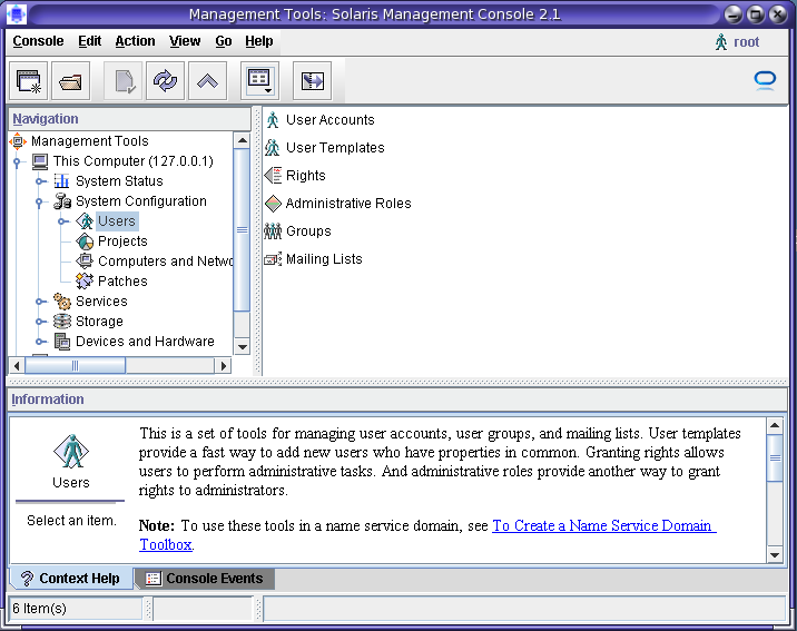 image:Figura que muestra el icono de la herramienta Users seleccionado en Solaris Management Console. Se muestran los paneles de navegación, visualización e información.