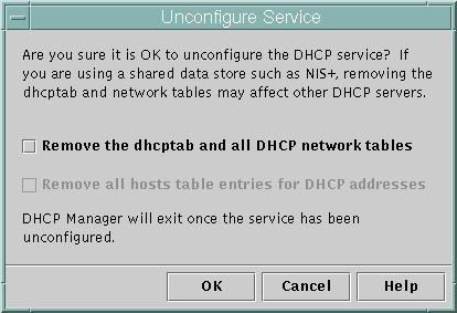 image:ダイアログボックスには、DHCP データの削除に関する選択肢が表示されています。「OK」、「Cancel」および「Help」ボタンを表示します。