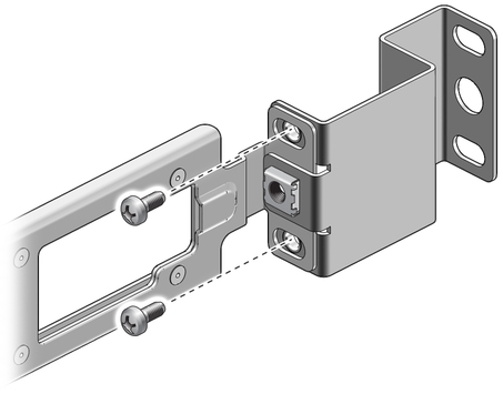 image:Figure shows screws securing the telco adapter to the rack slide..