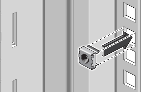 image:Figure shows attaching the cage nut to the rack post.