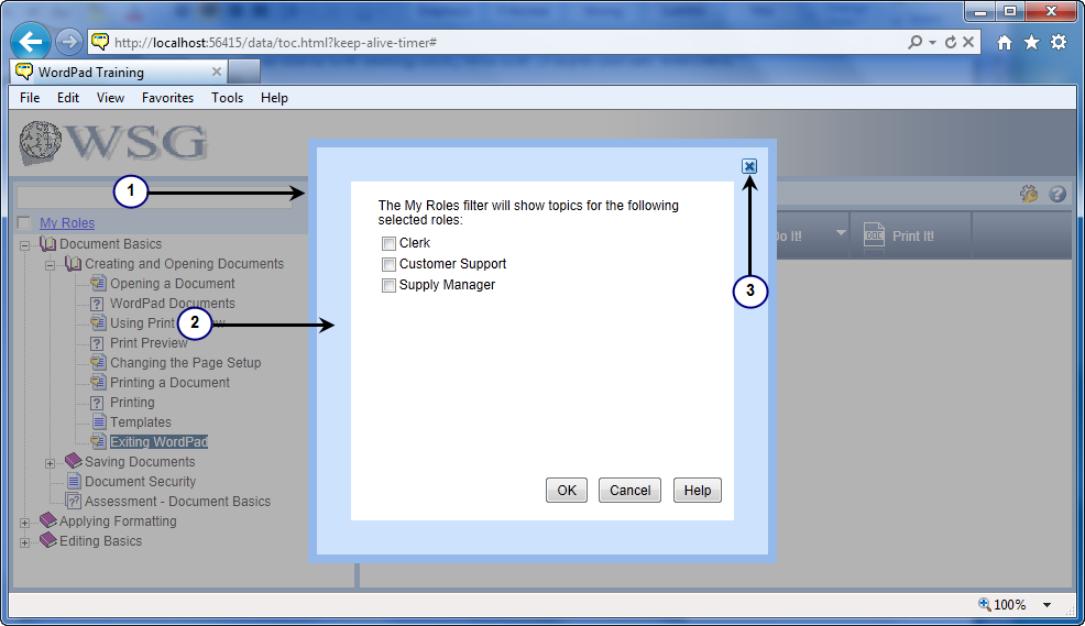 The roles.jpg graphic shows customizations to the Roles dialog box. Customizations include the thin border around the dialog box, the thicker border inside the outer border and the image used to close the dialog box.