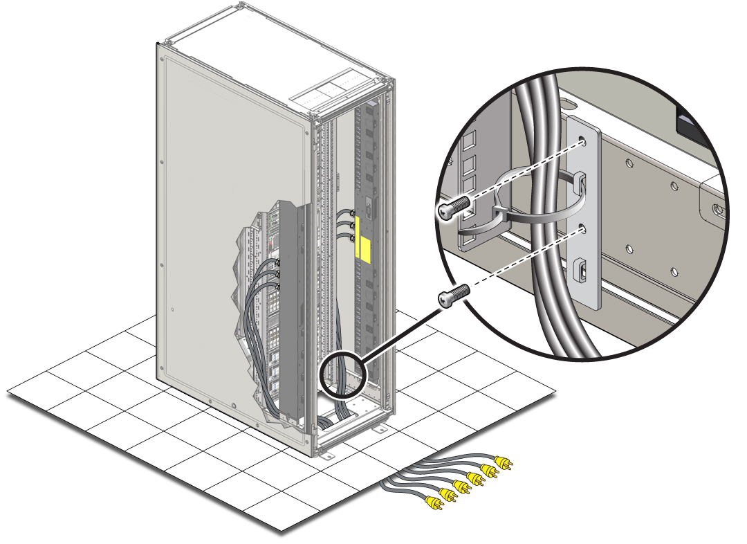 image:Figure shows routing of power cords from the bottom of the rack.