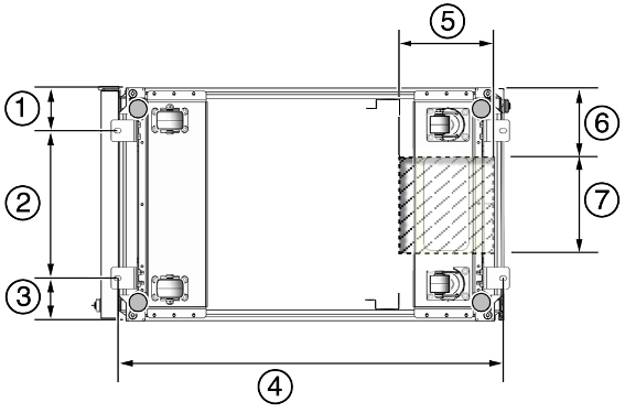 This figure shows the bottom view of Oracle Virtual Compute Appliance X3-2 mounting hole and floor cutout dimensions.