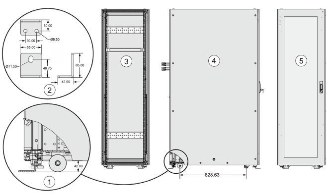 This figure shows the location of the mounting brackets on the Oracle Virtual Compute Appliance X3-2 rack.