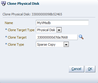 この図は、「Clone Physical Disk」ダイアログ・ボックスを示しています。