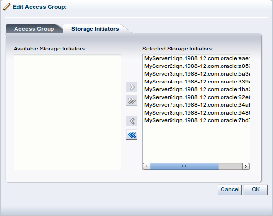 この図は、「Edit Access Group」ダイアログ・ボックスに表示された「Storage Initiators」タブを示しています。