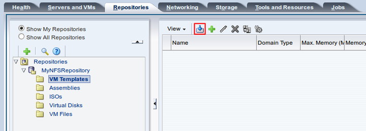 この図は、「Repositories」タブの「Import VM Template」アイコンを示しています。