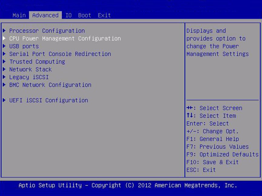 image:Screen capture showing the CPU Power Management Configuration                         screen.