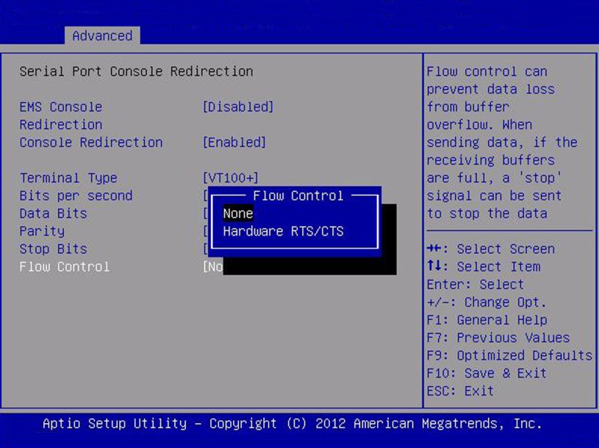 image:Screen capture showing the Serial Port Console Redirection                         screen.