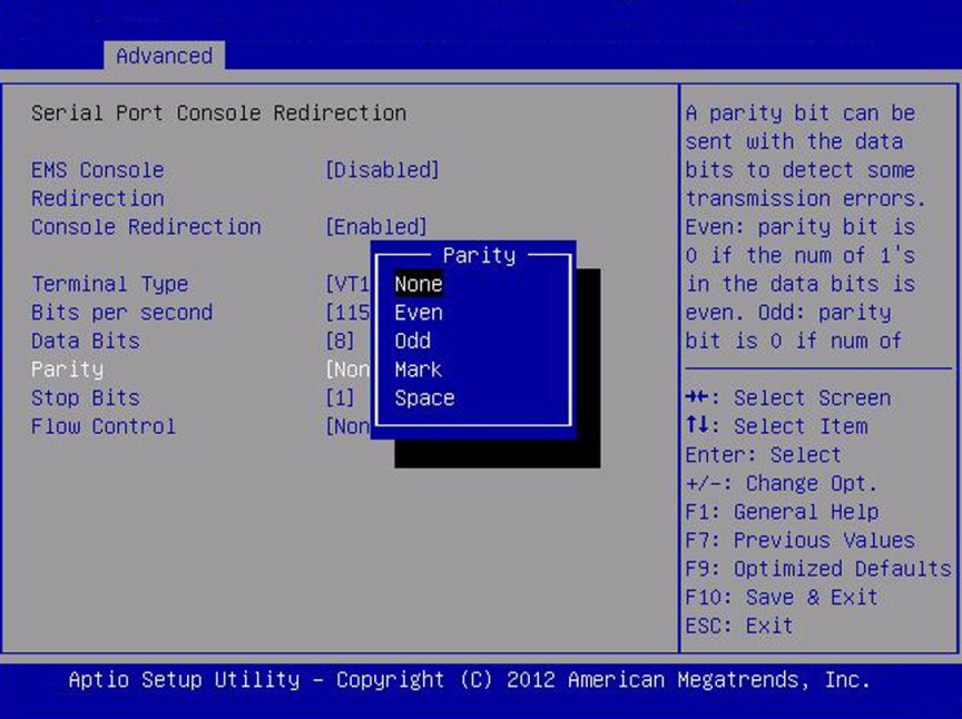 image:Screen capture showing the Serial Port Console Redirection                         screen.
