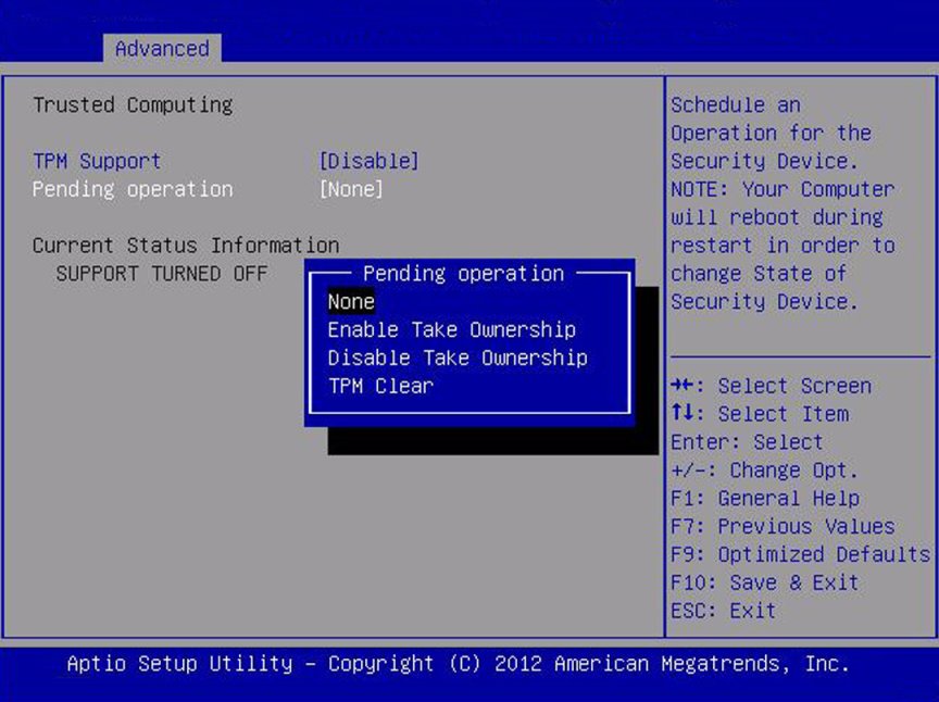 image:Screen capture showing the Advanced Trusted Computing screen.