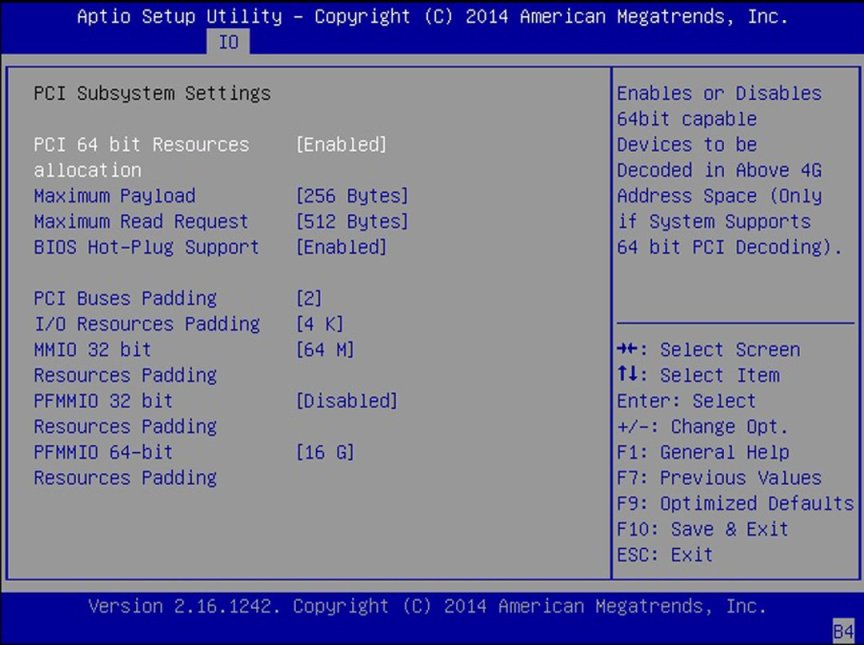 image:Screen capture showing the IO screen PCI Subsystem Settings.