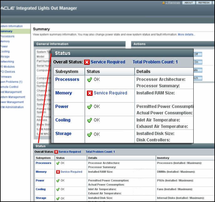 image:A screen capture showing the Status section of the Oracle                                     ILOM Summary screen.