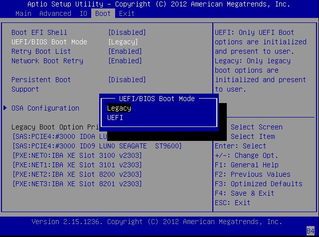 image:This figure shows the BIOS Boot Menu selection options for UEFI and                         Legacy BIOS Mode.