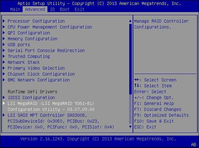 image:Screen showing the Advanced menu with LSI MegaRAID                                 Configuration Utility selected.