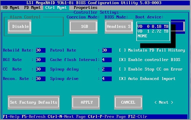 image:Graphic showing LSI MegaRAID Utility Virtual Drives                                     screen.