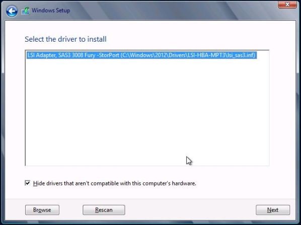 image:Windows Server 2012 non-RAID HBA driver                                         screen.