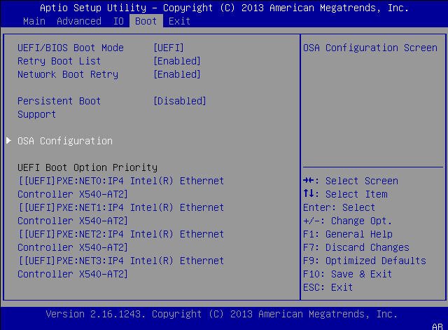 image:This figure shows the BIOS Boot Menu with OSA Configuration                                 option selected.