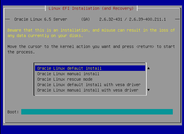 image:This figure shows the Linux EFI Installation and Recovery                                 dialog.