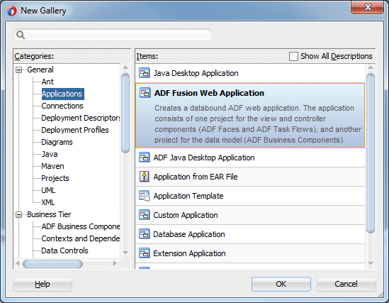 New Galleryで、ADF Fusion Web Applicationを選択