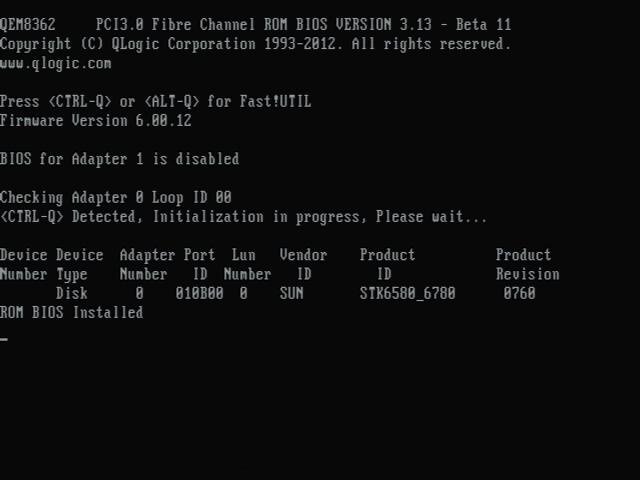 image:Figura en la que se muestra la pantalla de inicio de Fast!UTIL, de QLogic, cuando el adaptador está en modo de canal de fibra.